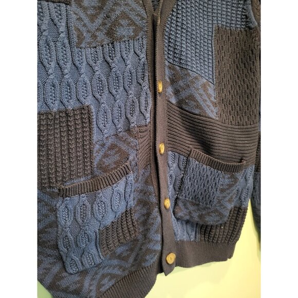 Sun & Stone Blue Patchwork V Neck Chunky Grandpa Cardigan Sweater Sz M - Picture 4 of 8